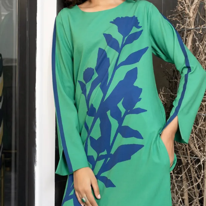 Green Meadow Blue Floral Side Slit Kurti MAX004