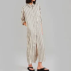 Open Button Collar Shirt Style Line Full Dress J5890