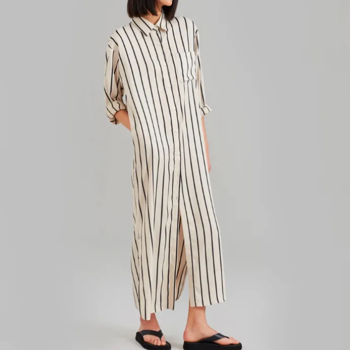 Open Button Collar Shirt Style Line Full Dress J5890