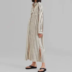 Open Button Collar Shirt Style Line Full Dress J5890