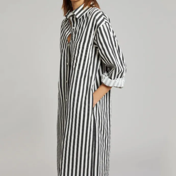Vertical Striped Long Shirt With Slit Cut J5887