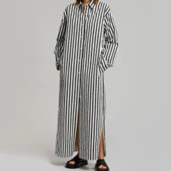 Vertical Striped Long Shirt With Slit Cut J5887