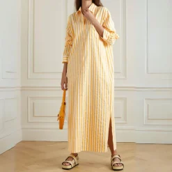 Vertical Striped Long Shirt With Slit Cut J5887