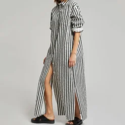 Vertical Striped Long Shirt With Slit Cut J5887