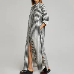 Vertical Striped Long Shirt With Slit Cut J5887