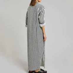 Vertical Striped Long Shirt With Slit Cut J5887