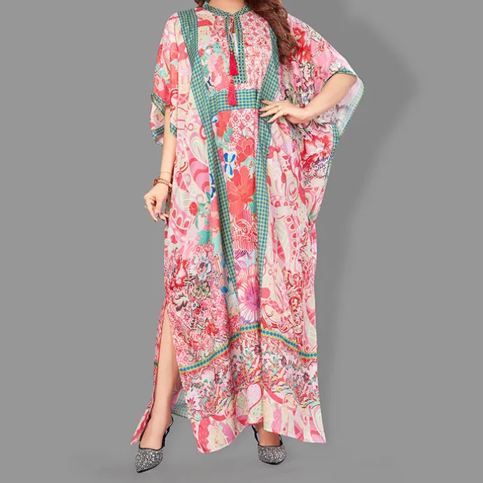 Woven Drawstring Long Kaftan with belt of polyester crape with crystals MIF0015