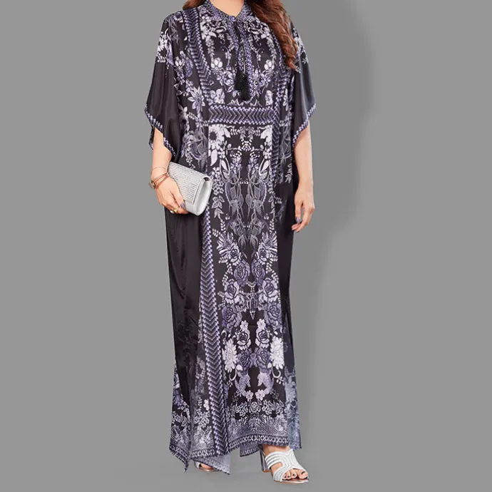 Woven Drawstring Long Kaftan with belt of polyester crape with crystals MIF0014