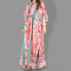 Woven Drawstring Long Kaftan with belt of polyester crape with crystals MIF0015