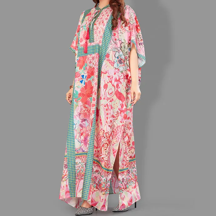 Woven Drawstring Long Kaftan with belt of polyester crape with crystals MIF0015