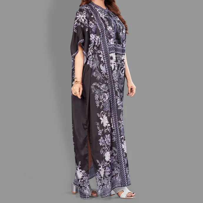 Woven Drawstring Long Kaftan with belt of polyester crape with crystals MIF0014