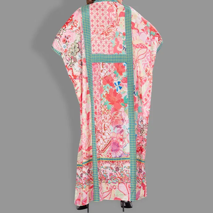 Woven Drawstring Long Kaftan with belt of polyester crape with crystals MIF0015
