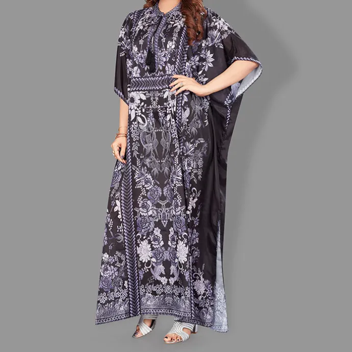 Woven Drawstring Long Kaftan with belt of polyester crape with crystals MIF0014