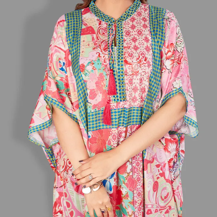 Woven Drawstring Long Kaftan with belt of polyester crape with crystals MIF0015