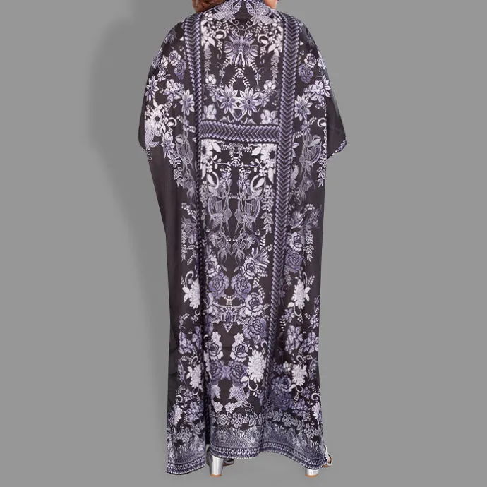Woven Drawstring Long Kaftan with belt of polyester crape with crystals MIF0014