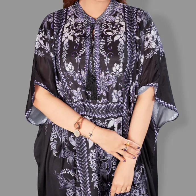 Woven Drawstring Long Kaftan with belt of polyester crape with crystals MIF0014