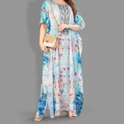 Woven Long Kaftan Boat Neck with Belt of Polyester Crape with Crystals MIF008