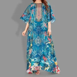 Woven Long Kaftan Boat Neck with Belt of Polyester Crape with Crystals MIF009