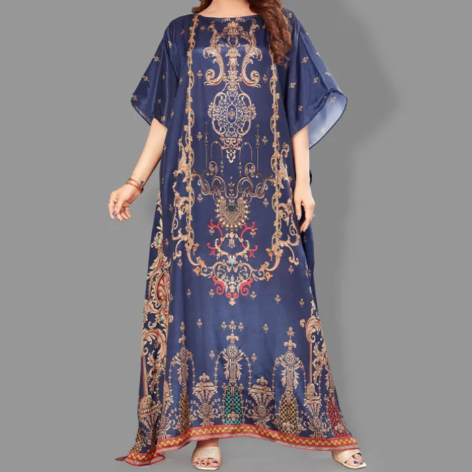 Woven Long Kaftan Boat Neck with Belt of Polyester Crape with crystals MIF0017
