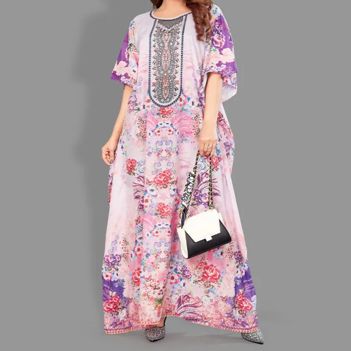 Woven Long Kaftan Boat Neck with Belt of Polyester Crape with Crystals MIF007