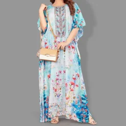 Woven Long Kaftan Boat Neck with Belt of Polyester Crape with Crystals MIF008