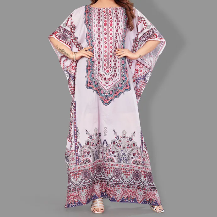 Woven Long Kaftan Boat Neck with Belt of Polyester Crape with crystals MIF0016