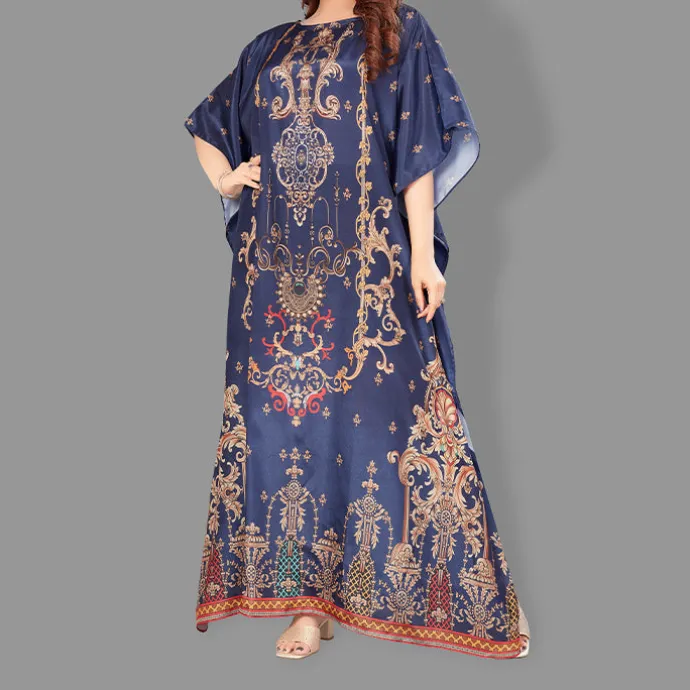 Woven Long Kaftan Boat Neck with Belt of Polyester Crape with crystals MIF0017