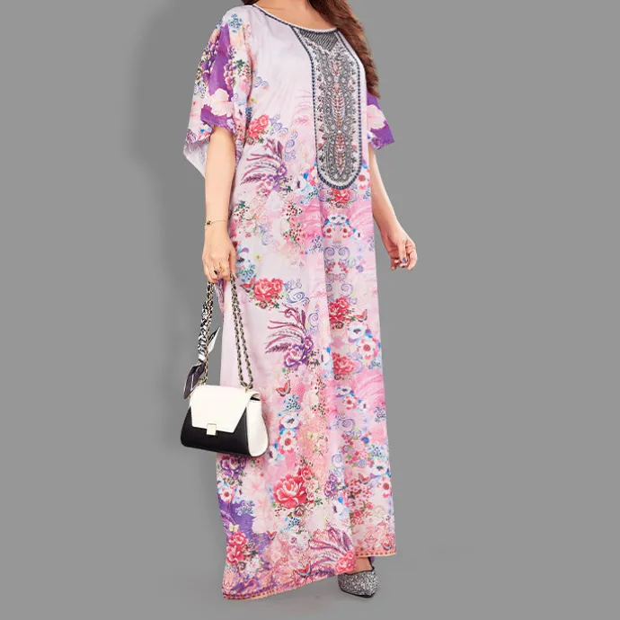 Woven Long Kaftan Boat Neck with Belt of Polyester Crape with Crystals MIF007