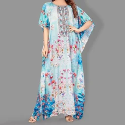 Woven Long Kaftan Boat Neck with Belt of Polyester Crape with Crystals MIF008