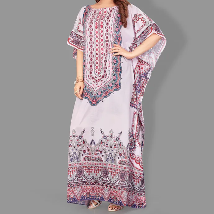Woven Long Kaftan Boat Neck with Belt of Polyester Crape with crystals MIF0016