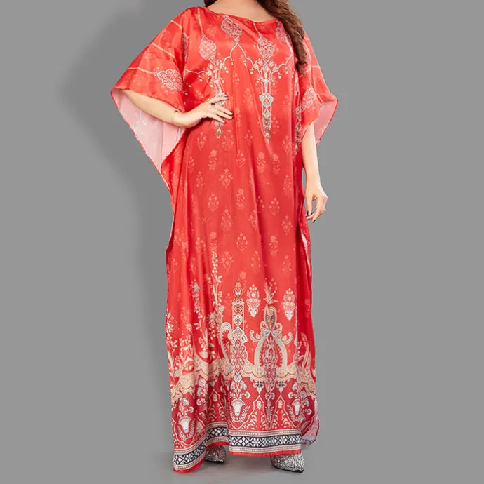 Woven Long Kaftan Boat Neck with Belt of Polyester Crape with crystals MIF0018