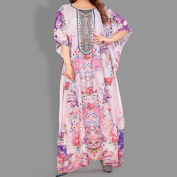 Woven Long Kaftan Boat Neck with Belt of Polyester Crape with Crystals MIF007