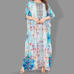 Woven Long Kaftan Boat Neck with Belt of Polyester Crape with Crystals MIF008