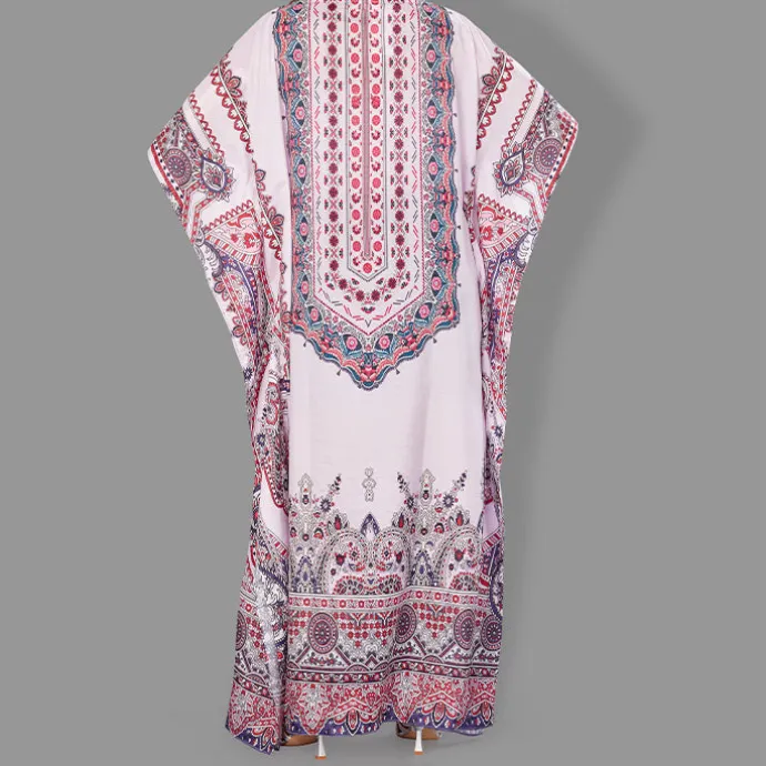 Woven Long Kaftan Boat Neck with Belt of Polyester Crape with crystals MIF0016