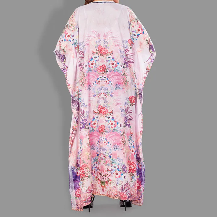Woven Long Kaftan Boat Neck with Belt of Polyester Crape with Crystals MIF007