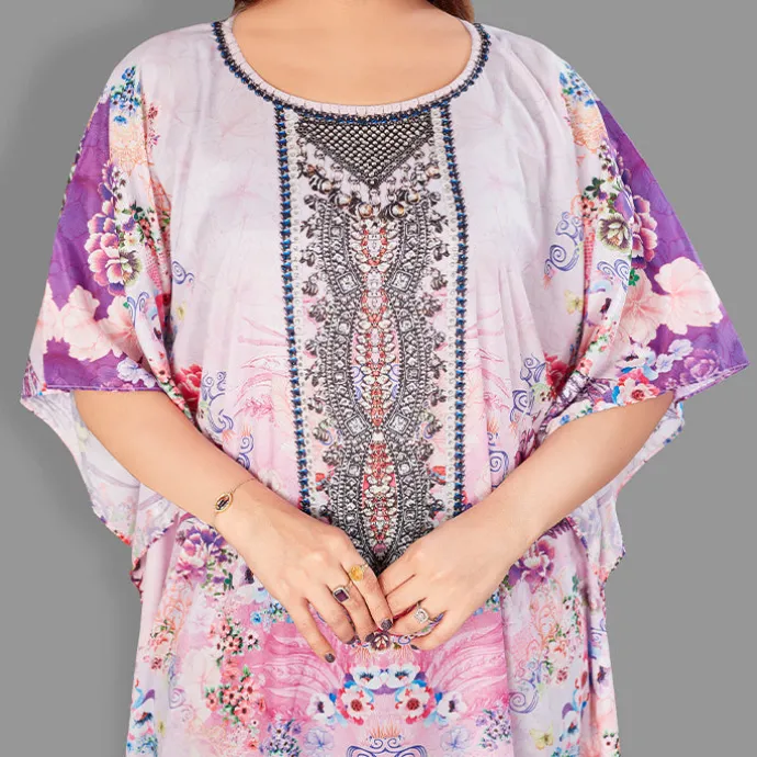 Woven Long Kaftan Boat Neck with Belt of Polyester Crape with Crystals MIF007