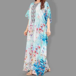 Woven Long Kaftan Boat Neck with Belt of Polyester Crape with Crystals MIF008