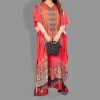 Woven Long Kaftan V-Neck with belt of polyester crape with crystals MIF0020