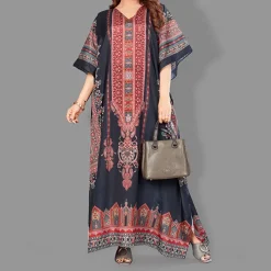 Woven Long Kaftan V-Neck with belt of polyester crape with crystals MIF0019