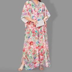 Woven Long Kaftan V-Neck with belt of polyester crape with crystals MIF0010