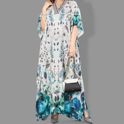 Woven Long Kaftan V-Neck with belt of polyester crape with crystals MIF0011
