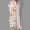Woven Long Kaftan V-Neck with belt of polyester crape with crystals MIF0012