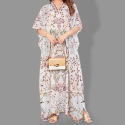 Woven Long Kaftan V-Neck with belt of polyester crape with crystals MIF0012