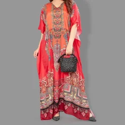 Woven Long Kaftan V-Neck with belt of polyester crape with crystals MIF0020