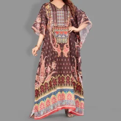 Woven Long Kaftan V-Neck with belt of polyester crape with crystals MIF0021