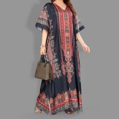 Woven Long Kaftan V-Neck with belt of polyester crape with crystals MIF0019
