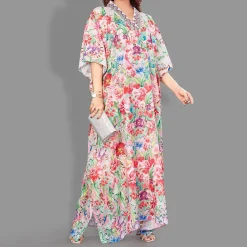 Woven Long Kaftan V-Neck with belt of polyester crape with crystals MIF0010