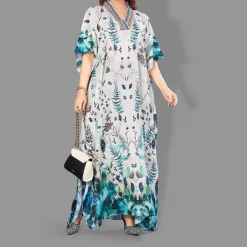 Woven Long Kaftan V-Neck with belt of polyester crape with crystals MIF0011