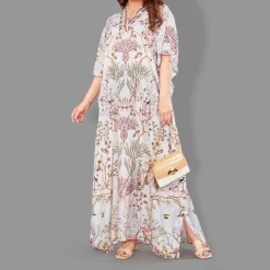 Woven Long Kaftan V-Neck with belt of polyester crape with crystals MIF0012