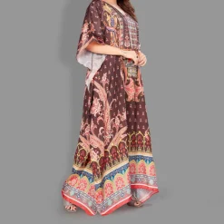Woven Long Kaftan V-Neck with belt of polyester crape with crystals MIF0021